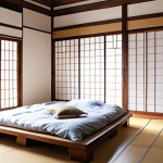 ** A bright and airy Hanok-style bedroom with large windows, natural light streaming in, and Hanji paper screens. Low-profile wooden furniture, a floor mattress, and minimal decor create a serene atmosphere.

**