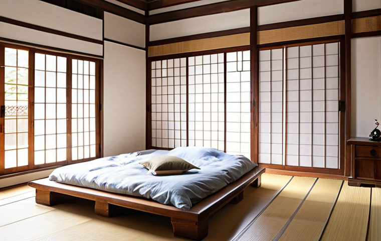 ** A bright and airy Hanok-style bedroom with large windows, natural light streaming in, and Hanji paper screens. Low-profile wooden furniture, a floor mattress, and minimal decor create a serene atmosphere.
**