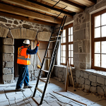 A detailed interior shot of a traditional old Turkish stone house undergoing structural restoration. Scaffolding is visible, and professional construction workers in appropriate safety gear are carefully reinforcing ancient stone walls with modern, subtle techniques. Exposed wooden beams show signs of past decay being expertly repaired. The atmosphere conveys a sense of careful, precise work. The lighting is natural and bright, highlighting textures. Fully clothed, appropriate attire, professional dress, safe for work, appropriate content, modest, perfect anatomy, correct proportions, well-formed hands, natural pose, natural body proportions, professional photography, high quality, photorealistic.
