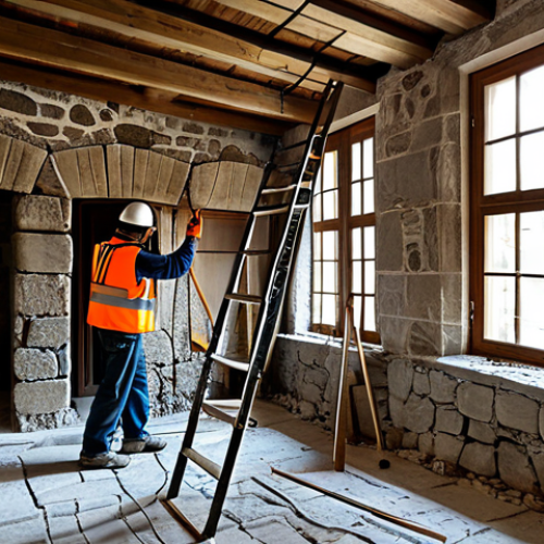 A detailed interior shot of a traditional old Turkish stone house undergoing structural restoration. Scaffolding is visible, and professional construction workers in appropriate safety gear are carefully reinforcing ancient stone walls with modern, subtle techniques. Exposed wooden beams show signs of past decay being expertly repaired. The atmosphere conveys a sense of careful, precise work. The lighting is natural and bright, highlighting textures. Fully clothed, appropriate attire, professional dress, safe for work, appropriate content, modest, perfect anatomy, correct proportions, well-formed hands, natural pose, natural body proportions, professional photography, high quality, photorealistic.