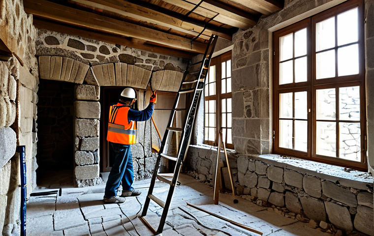 A detailed interior shot of a traditional old Turkish stone house undergoing structural restoration. Scaffolding is visible, and professional construction workers in appropriate safety gear are carefully reinforcing ancient stone walls with modern, subtle techniques. Exposed wooden beams show signs of past decay being expertly repaired. The atmosphere conveys a sense of careful, precise work. The lighting is natural and bright, highlighting textures. Fully clothed, appropriate attire, professional dress, safe for work, appropriate content, modest, perfect anatomy, correct proportions, well-formed hands, natural pose, natural body proportions, professional photography, high quality, photorealistic.