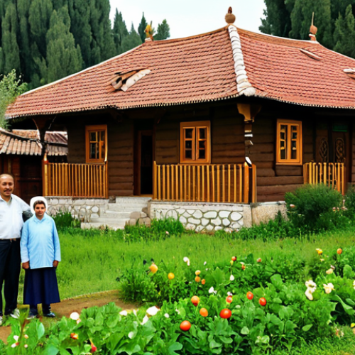 Traditional Turkish Village House**

"A charming, fully clothed family stands in front of a traditional Turkish wooden house in a small village, modest clothing, appropriate attire, safe for work. The house features intricate wood carvings and a red tile roof. A lush garden surrounds the house with fruit trees and vegetable patches. Perfect anatomy, correct proportions, natural pose, well-formed hands, proper finger count, natural body proportions. Warm, natural lighting, professional photography, high quality, family-friendly."

**