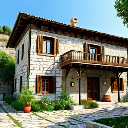 **

"Exterior of a restored traditional Turkish house with stone walls and wooden accents, surrounded by a well-maintained garden with local plants, fully clothed, appropriate attire, safe for work, perfect anatomy, natural proportions, family-friendly, professional photography, high quality."

**