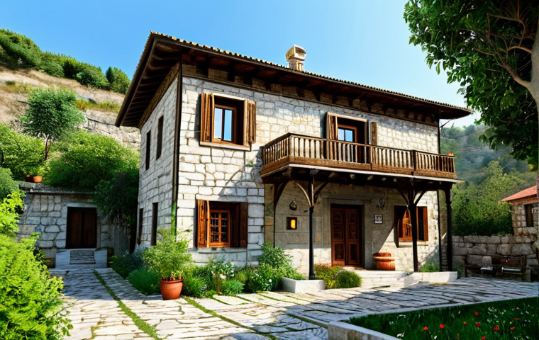 **

"Exterior of a restored traditional Turkish house with stone walls and wooden accents, surrounded by a well-maintained garden with local plants, fully clothed, appropriate attire, safe for work, perfect anatomy, natural proportions, family-friendly, professional photography, high quality."

**